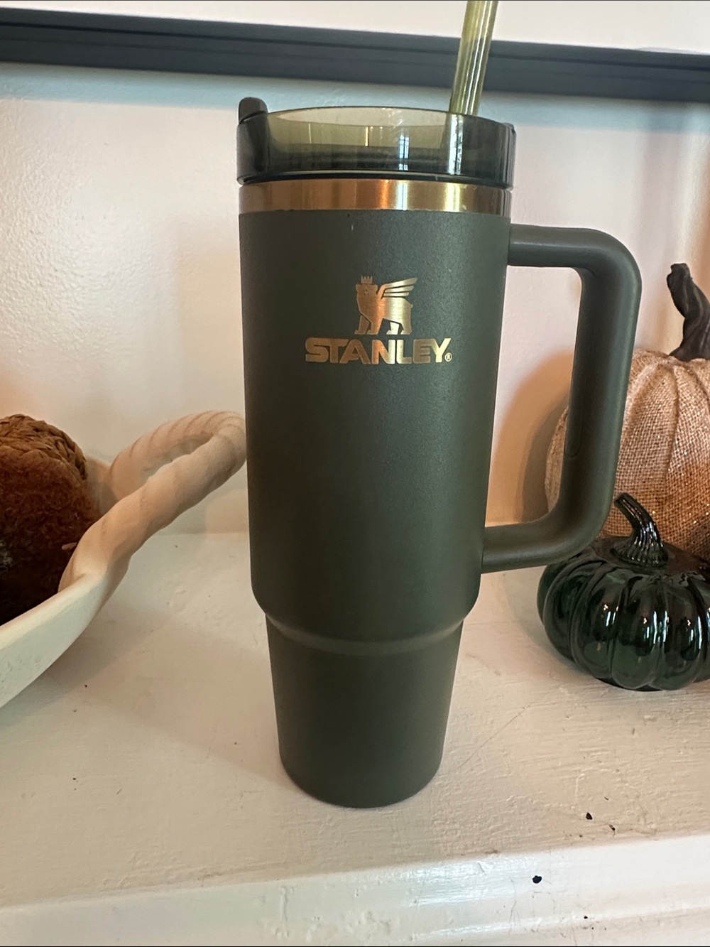 Stanley Dark Olive Green Travel Mug with Gold Logo and Trim